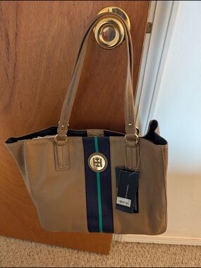 Tommy Hilfiger Tan Leather Tote with Navy & Green Stripe